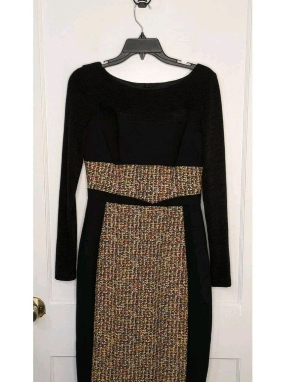 Size 6 Black Halo Tweed Mixed Fabric Midi Sheath Dress